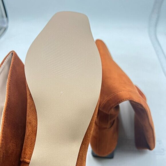 Women Square Toe Knee High Boot Wide Calf Low Chunky Heel Flat Long Boot Orange - Picture 5 of 7